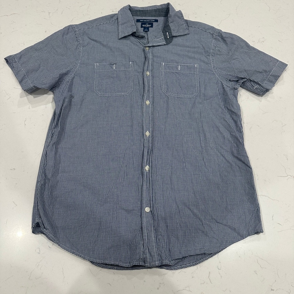 Old Navy Mens Slim Fit Gingham Short Sleeve Button Down Shirt Blue White Large